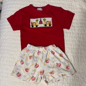 Red Smocked School Bus Tee & Apple Print Shorts Kids Matching Set